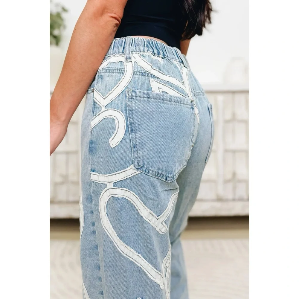 Oli & Hali Heart Patch Straight Wide Leg Jeans in Light Wash - Picture 5 of 8
